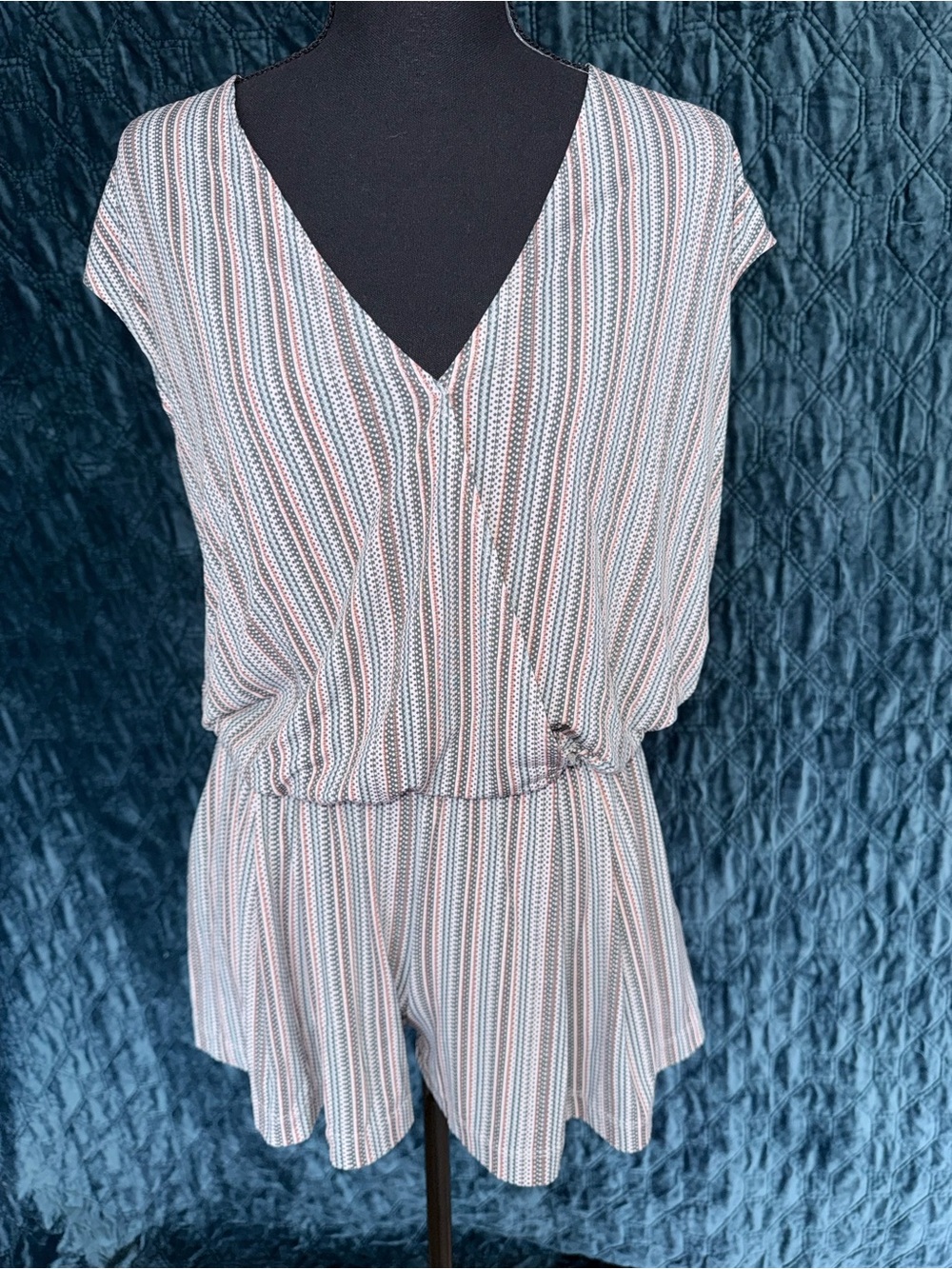 BCBGeneration Multi-Stripe V-Neck Romper in Blue, Pink, White